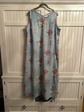 Liz Claiborne Vintage LightBlue Denim Maxi w/Pink Rose Print 100% Cotton Size 16